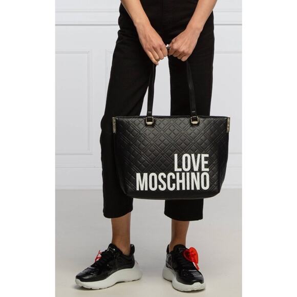 LOVE MOSCHINO Faux Leather Black Quilted Shoulder Purse Tote Bag Double Strap - Picture 1 of 12